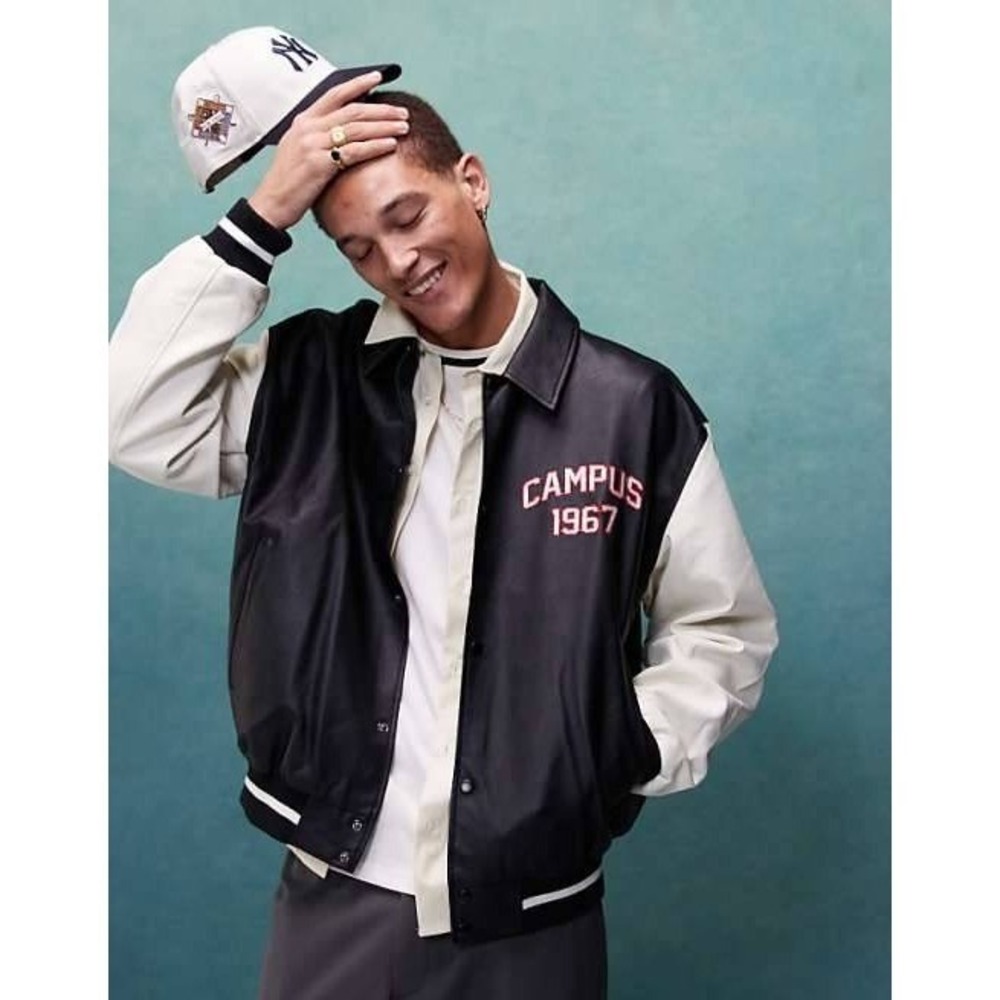 ASOS DESIGN Mens Varsity Jacket Navy Blue Faux Leather Iowa State Campus 1967 XL